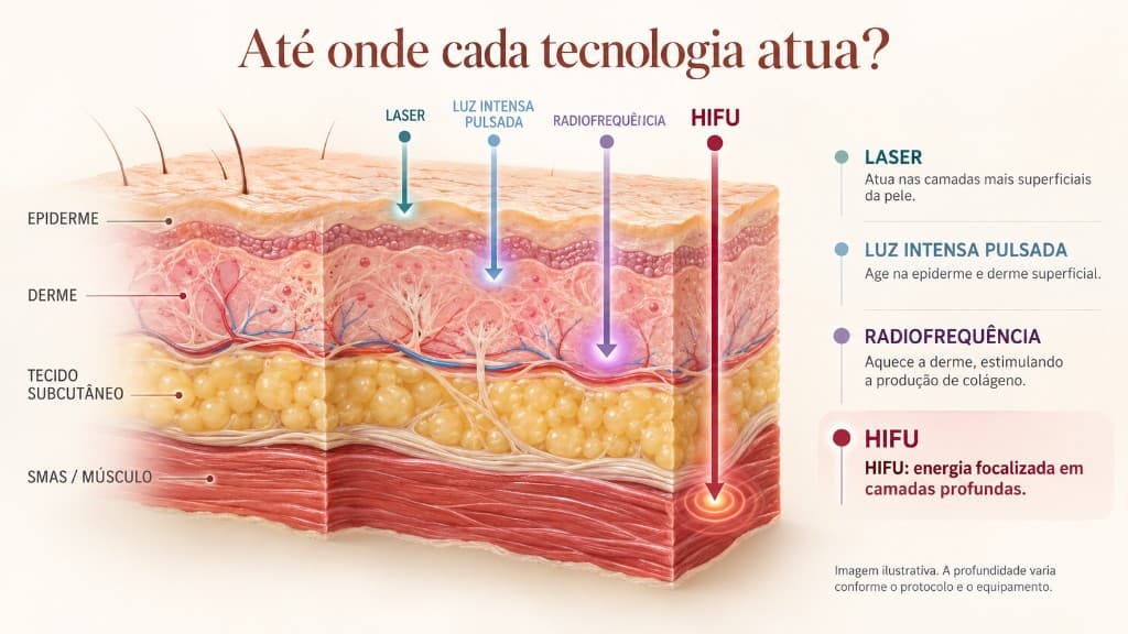 Até onde cada tecnologia atua: comparação entre laser, luz intensa pulsada, radiofrequência e HIFU nas camadas da pele